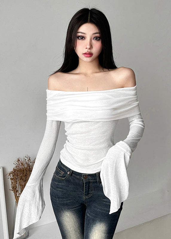 Slim Fit Black Slash Neck Tulle Tops Long Sleeve