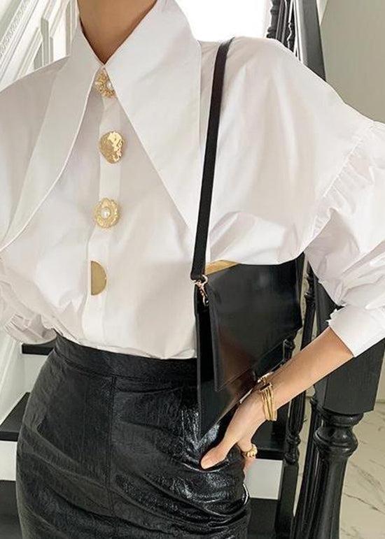 French White Peter Pan Collar Button Cotton Shirt Top Lantern Sleeve