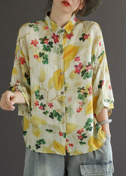 Print Peter Pan Collar Button Summer Linen Top Three Quarter Sleeve
