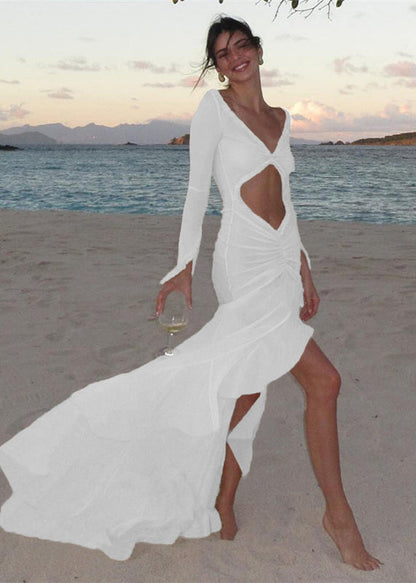 Summer Apricot V Neck Vacation Style Hollow Out Slim Fit Dress