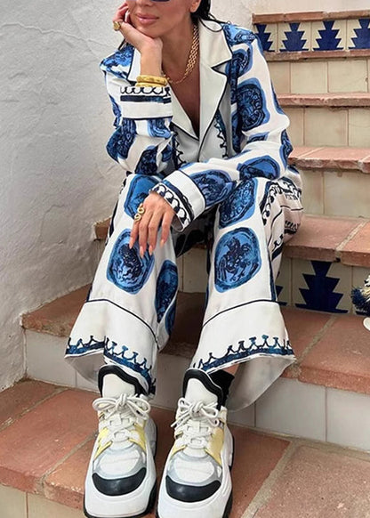 Blue V Neck Print Shirts and Wide Leg Pants Two Piece Set Fall