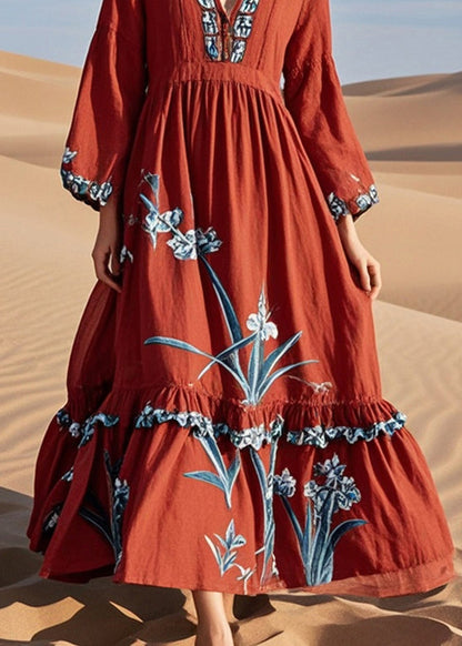 Diy Red Ruffled Print Cotton Maxi Dresses Fall
