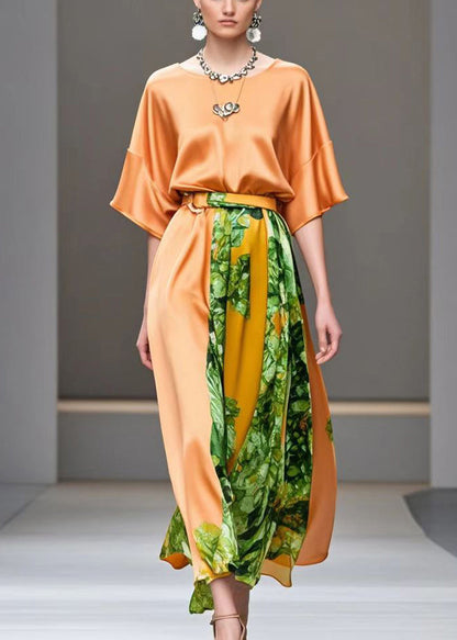 Orange Cinched Patchwork Print Silk Long Dress Summer
