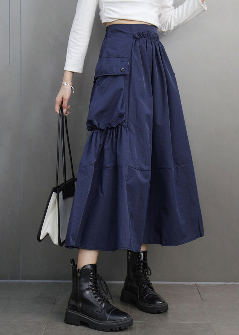 Modern Navy Asymmetrical Pockets Patchwork Elastic Waist a Line Skirts Spring