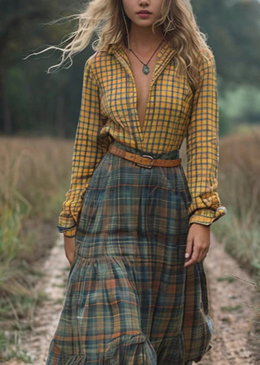 Boutique Colorblock V Neck Plaid Patchwork Cotton Long Dress Fall