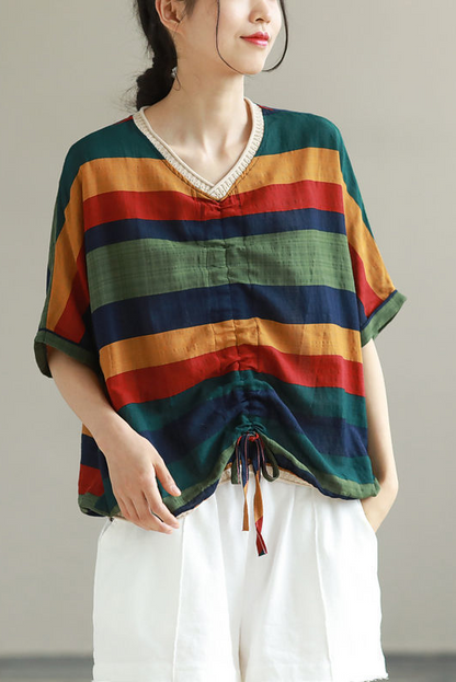 Summer Cotton T-shirt Short Sleeve Striped Tops