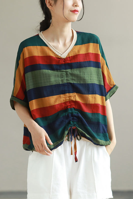 Summer Cotton T-shirt Short Sleeve Striped Tops