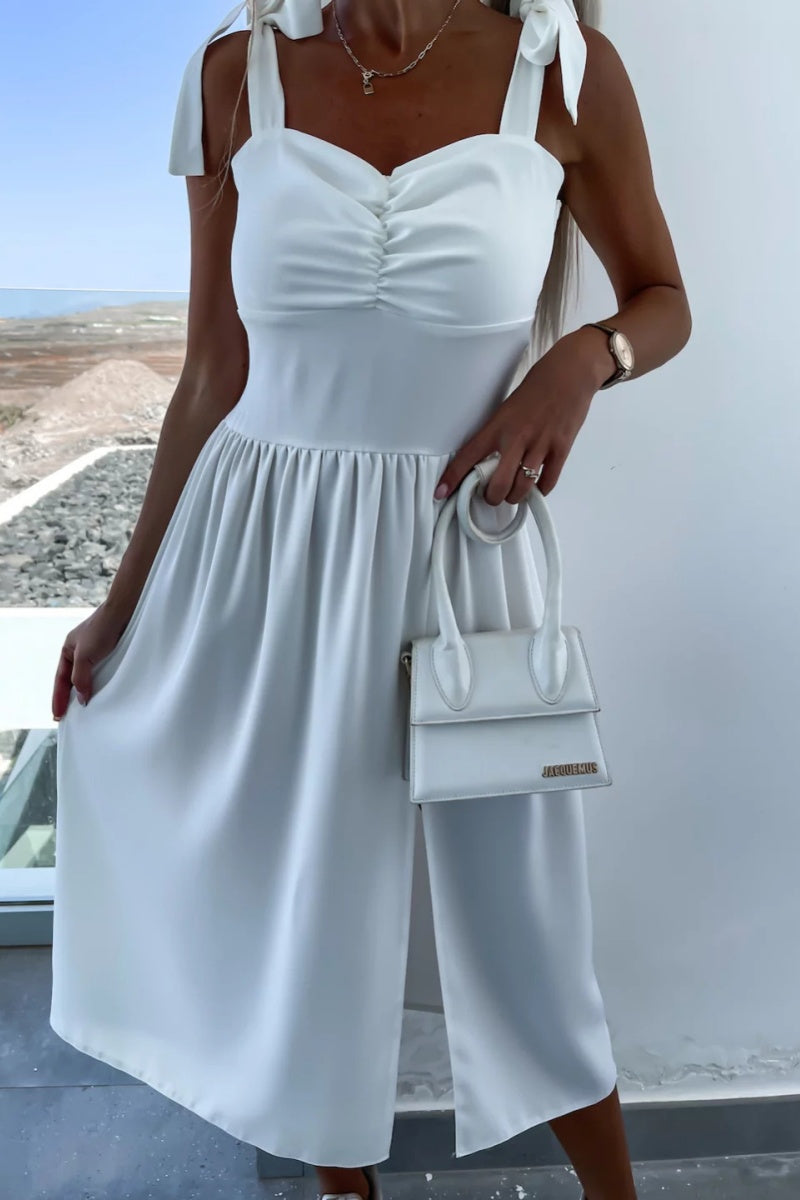 Color Print Backless Slit Belted Spaghetti Strap Sleeveless Dresses(7 Colors)