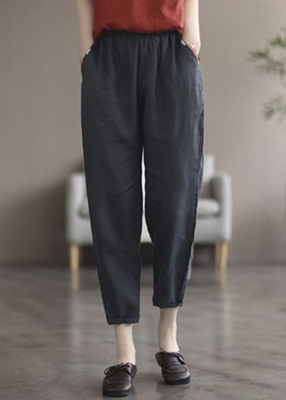 Black Tpatchwork Elastic Waist Linen Crop Pants