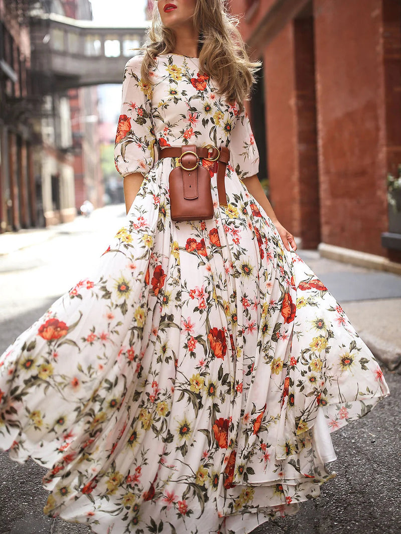 Pattern Crew Neck Maxi Dress Lantern Sleeve