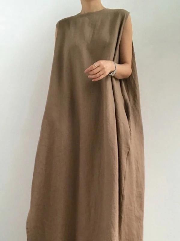 Black Cotton Linen Robes O Neck Side Open Cotton Robes Dresses