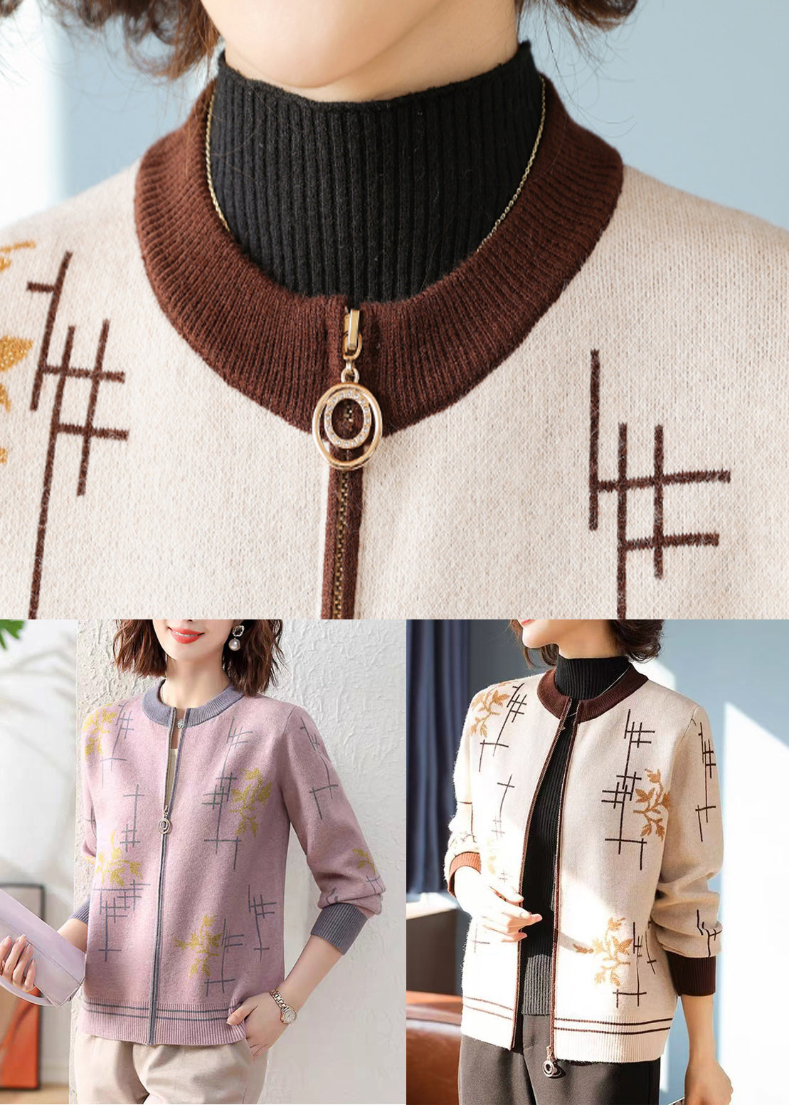 Coffee Zip Up Print Knit Coats Fall