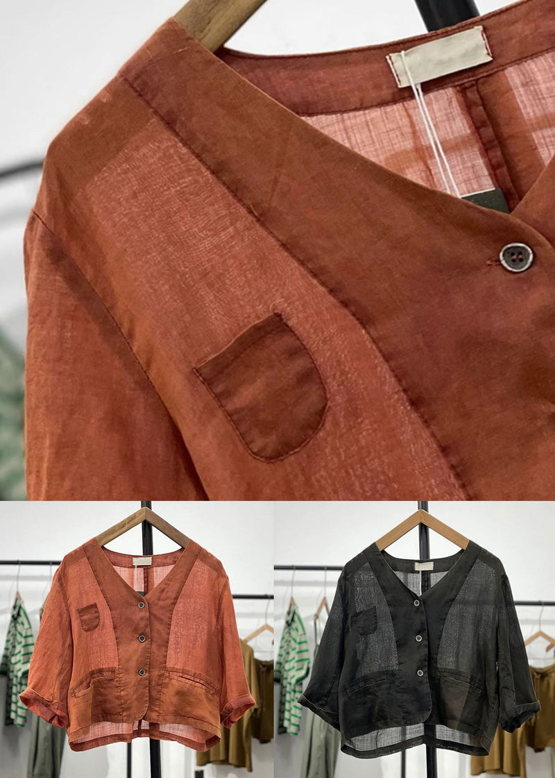 Black Pockets Linen Cardigan V Neck Long Sleeve