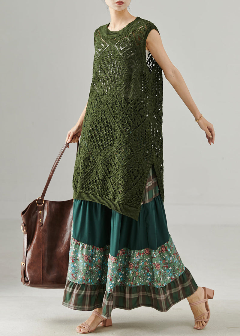 Army Green Hollow Out Side Open Knit Dress Two Piece Set Summer