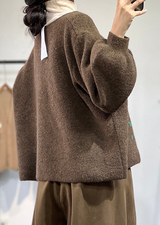 Coffee O Neck Button Knit Coat Long Sleeve