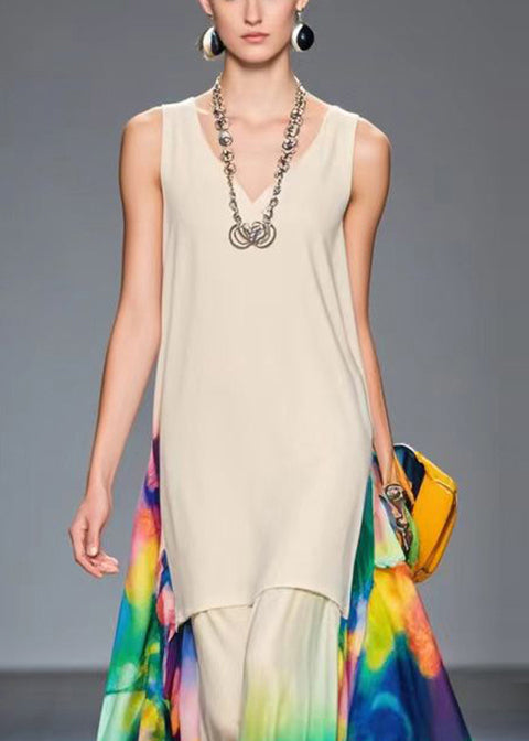 Apricot Print Patchwork Chiffon Long Dresses Summer