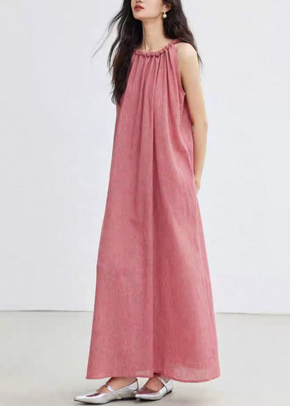 Pink Lace Up Cotton Long Dress Sleeveless