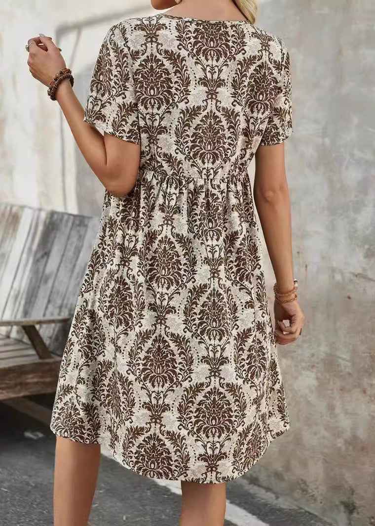 Stylish Green V Neck Print Button Cotton Mid Dresses Summer
