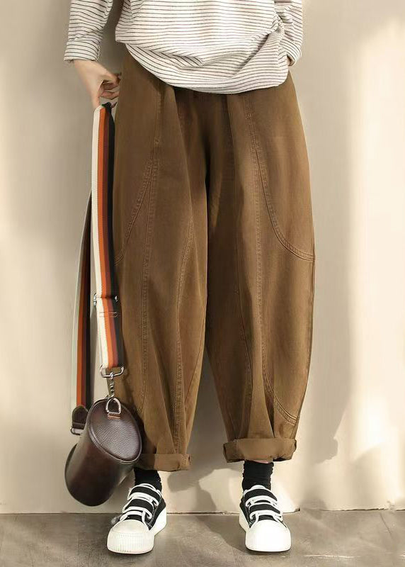 Orange Pockets Elastic Waist Cotton Harem Pants Spring