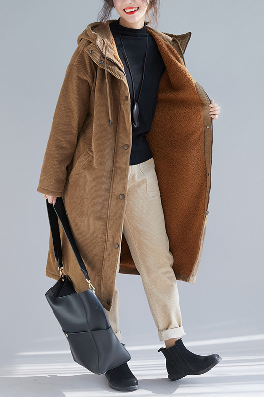 -winter Lamb Fleece Mid Length Coat Corduroy Hooded Coat