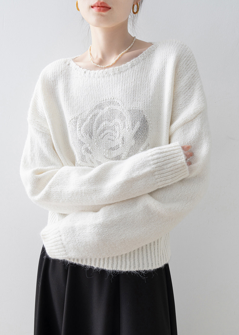 Fine White O Neck Zircon Knit Sweaters Spring