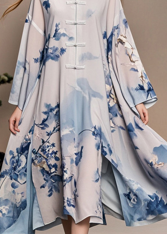 White Print Chinese Button Side Open Chiffon Oriental Dress Fall