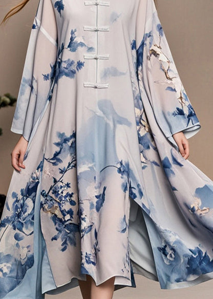 White Print Chinese Button Side Open Chiffon Oriental Dress Fall