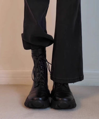 Black Sheepskin Splicing Lace Up Boots