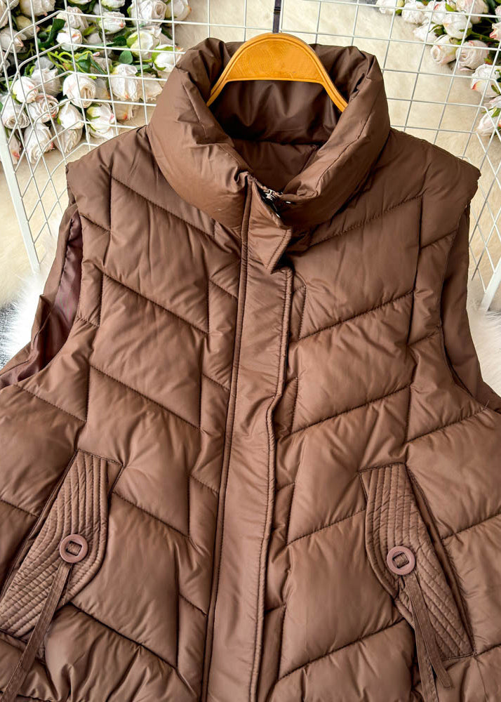 Coffee Stand Collar Pockets Patchwork Parka Waistcoat Winter