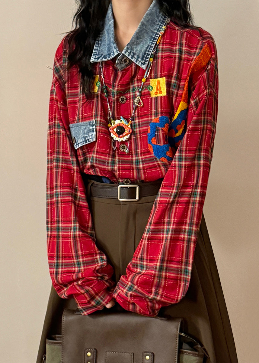 Plaid Red Peter Pan Collar Button Denim Patchwork Shirt Spring