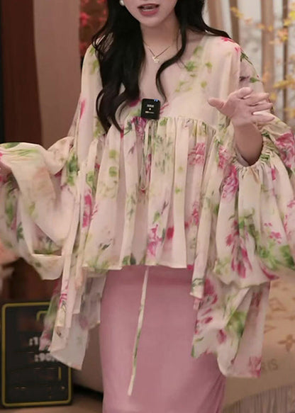 Spring Sweet Printed Asymmetrical Lantern Sleeve Shirt Top