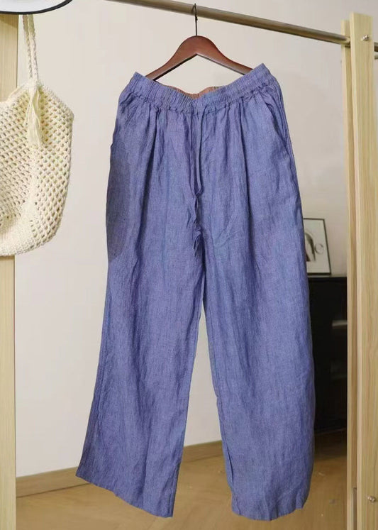 Blue Oversized Linen Straight Pants Summer