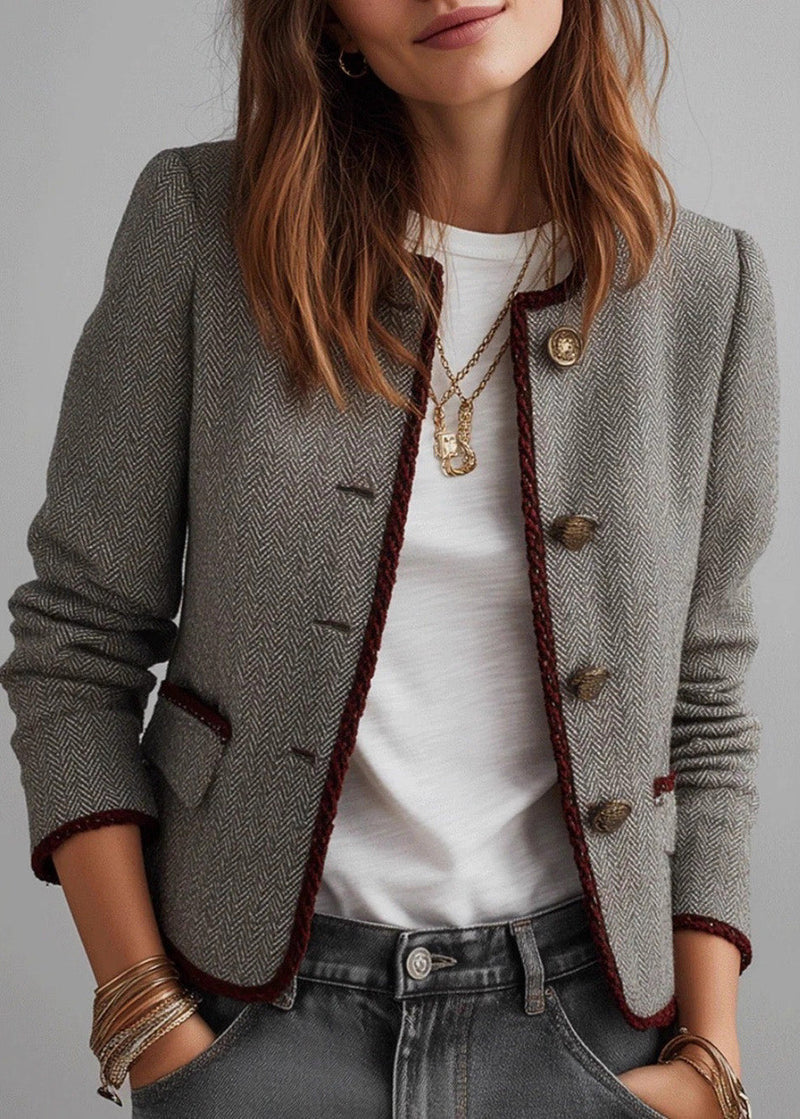 Grey O Neck Button Cotton Short Coat Fall