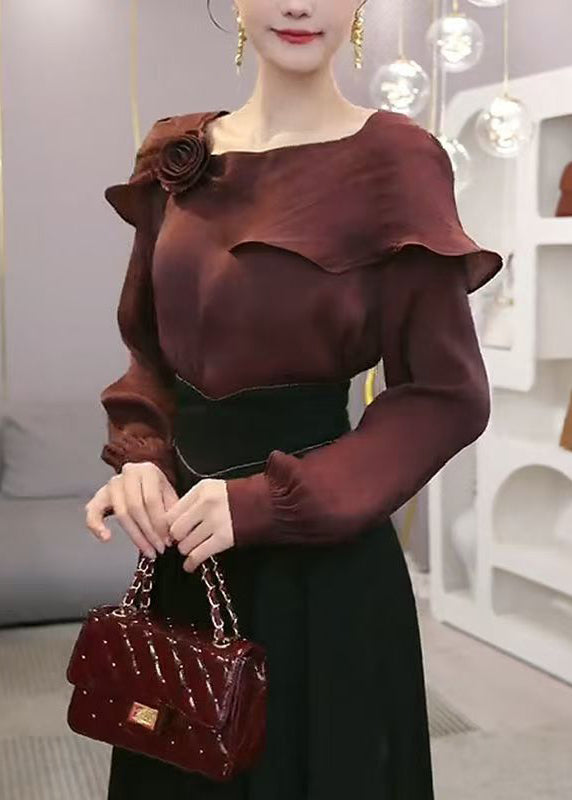 Stylish Wine Red Ruffled Chiffon Blouses Spring