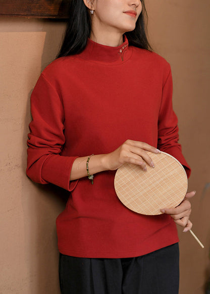 Original Red Hign Neck Embroidered Cotton T Shirt Spring