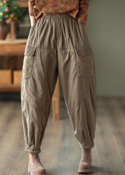Khaki Elastic Waist Patchwork Fine Cotton Filled Harem Pants Winter