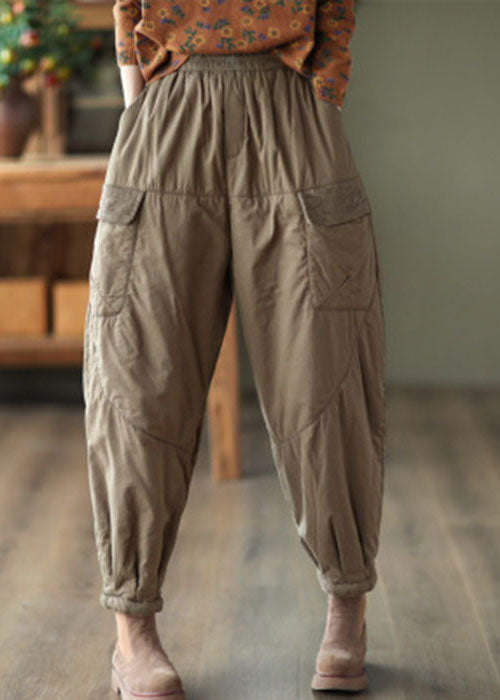 Khaki Elastic Waist Patchwork Fine Cotton Filled Harem Pants Winter