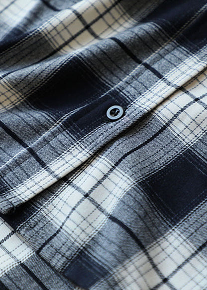 Style Black White Plaid Hooded Button Fall Top Long Sleeve