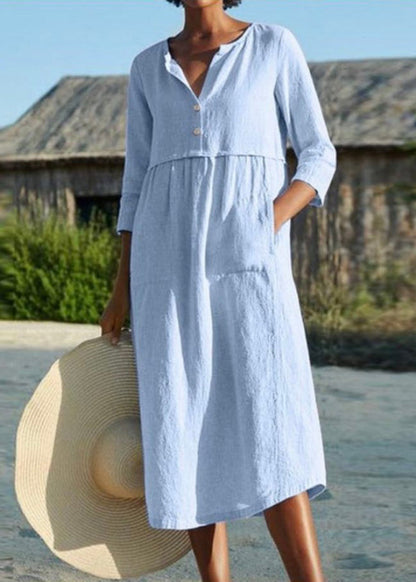 Pink O Neck Pockets Patchwork Cotton Dresses Summer