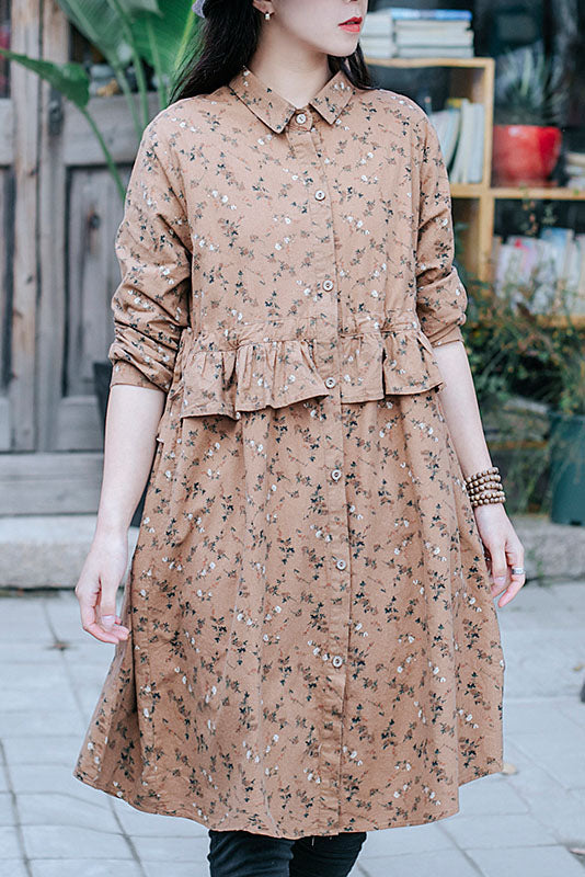 Spring New Retro Cotton and Linen Long-sleeved Printed Shirt Loose Top Dress