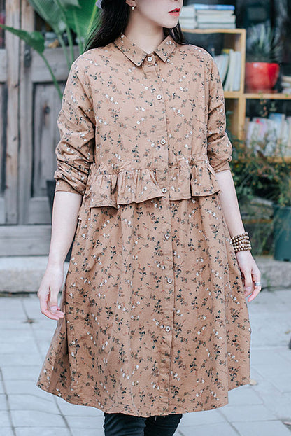 Spring New Retro Cotton and Linen Long-sleeved Printed Shirt Loose Top Dress