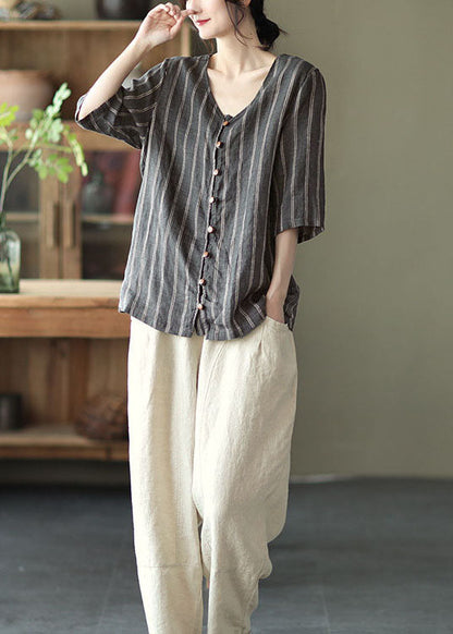 Grey V Neck Striped Button Linen Shirts Half Sleeve