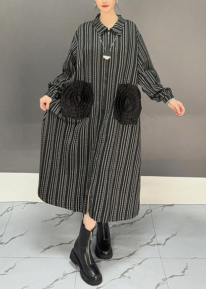 Black Zippered Striped Cotton Long Dress Fall