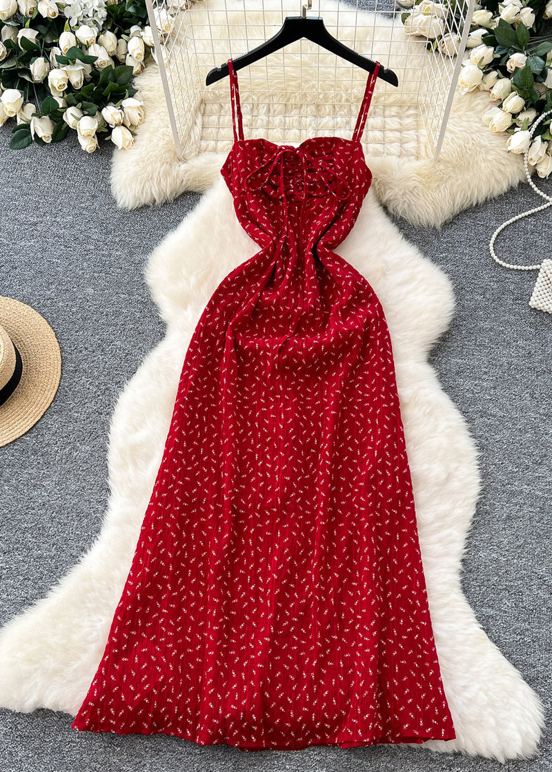 Red Cinched Print Cotton Spaghetti Strap Dress Dress Summer