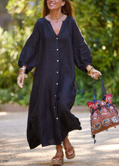 Simple Black V Neck Button Cotton Long Dress Summer