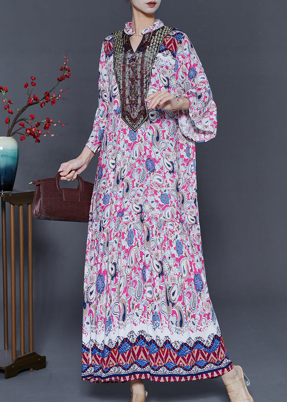 Pink Oversized Print Cotton Ankle Dress Summer