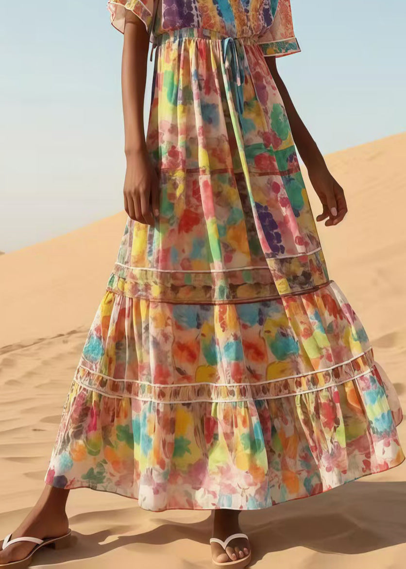 Apricot Print Chiffon Maxi Dresses Summer
