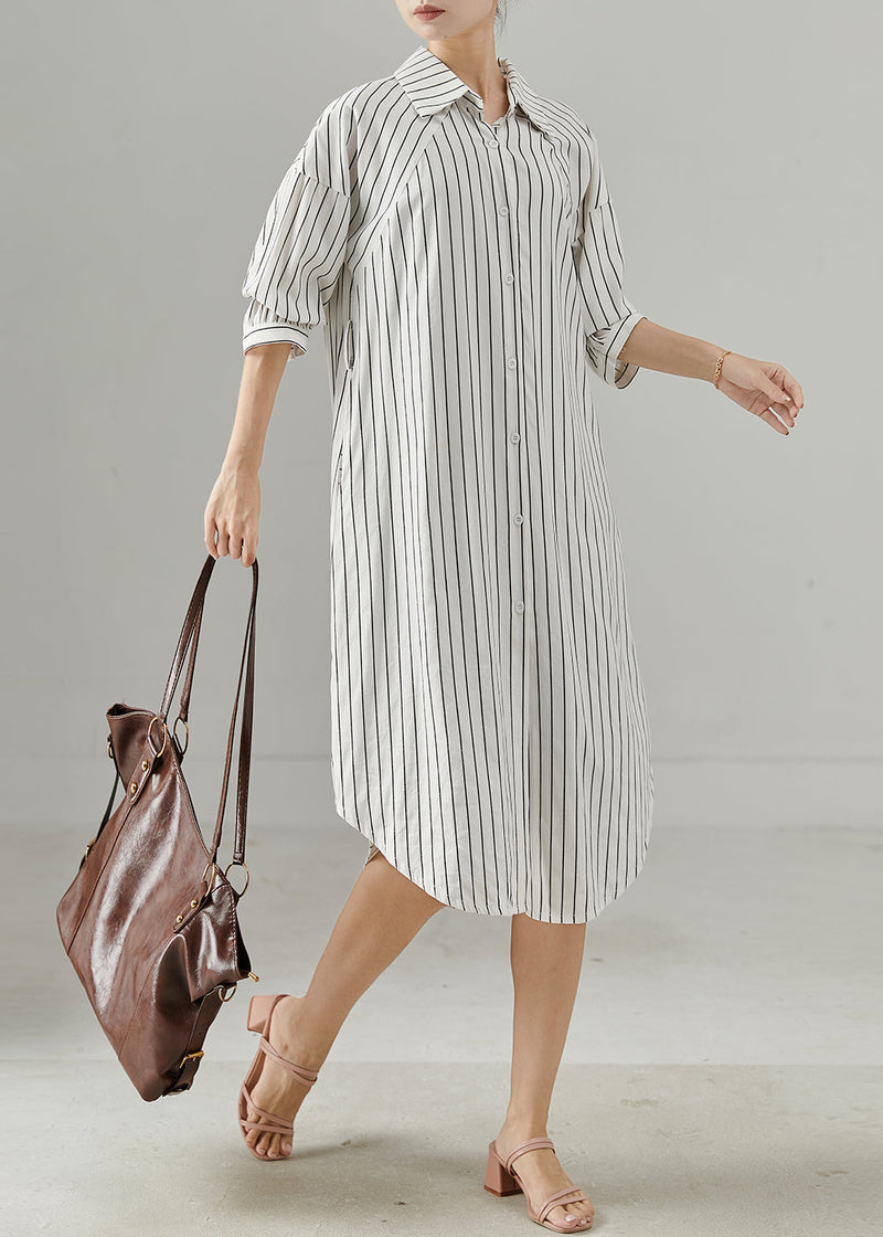 White Peter Pan Collar Striped Cotton Shirt Dresses Fall