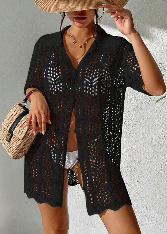 Apricot Hollow Out Knit Beach Bikini Swimsuit Cover Up