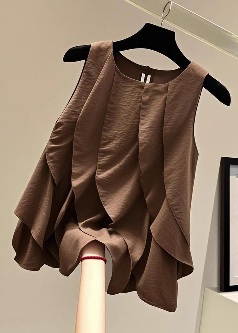 Brown O-neck Ruffled Patchwork T Shirts Summer